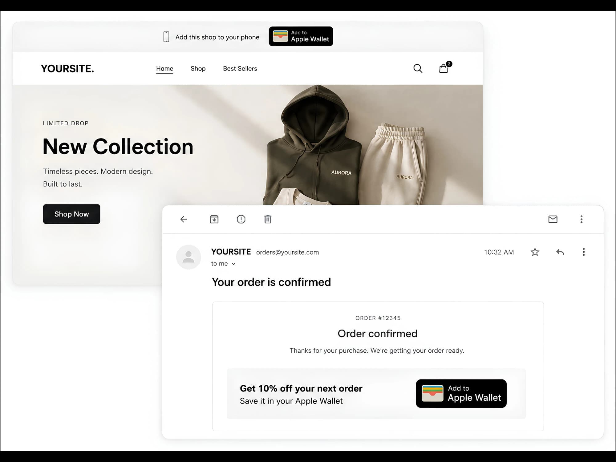 Website and email examples with an Add to Apple Wallet button